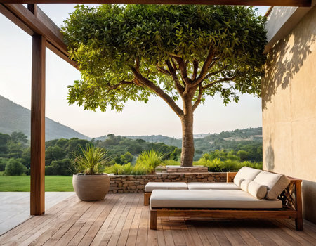 Outdoor terrace with garden view and sofa in modern house.の素材