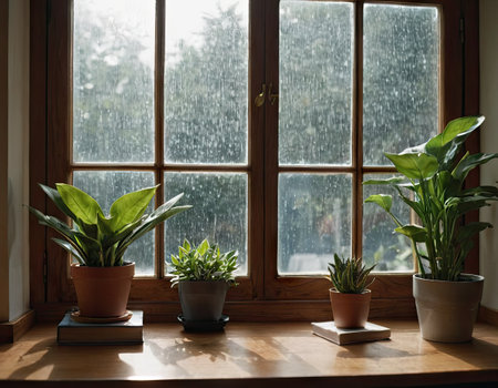 Houseplants in pots on the windowsill with raindrops.の素材