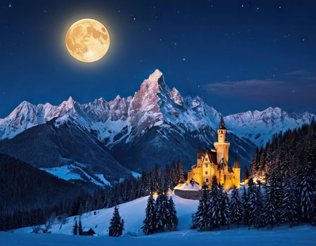 Beautiful winter landscape with church in snowy mountains at full moon nightの素材