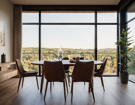 Interior of modern dining room with panoramic view on countrysideの素材