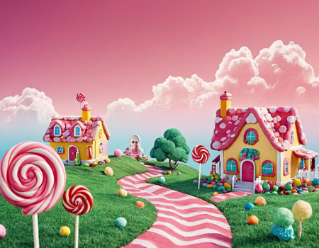 Candy house on the grass with lollipops and cloudsの素材