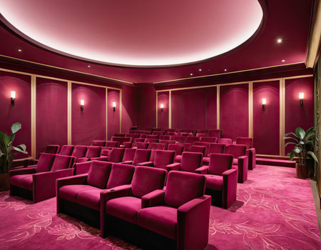 interior of a modern cinema with red velvet armchairs and lightingの素材