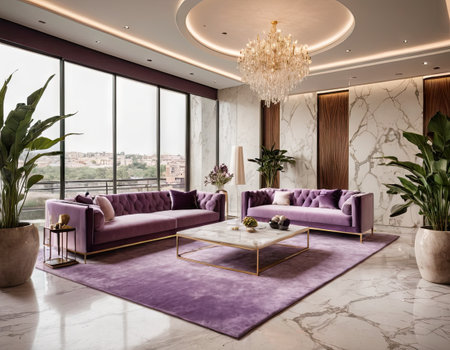 Luxury living room interior with purple sofa, coffee table and plantsの素材