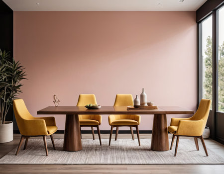 Interior of modern dining room with pink walls, wooden floor and yellow armchairsの素材