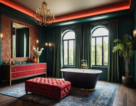 Luxury interior of a bathroom with green walls, carpet, red sofa and large window. 3d renderingの素材