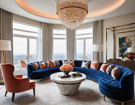 Luxury living room with blue sofa and round coffee table. Nobody insideの素材