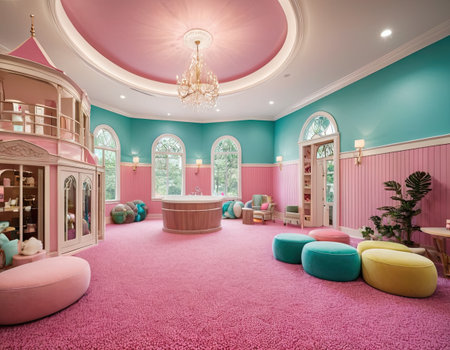 Interior of a children's room with a pink carpet. 3d renderingの素材