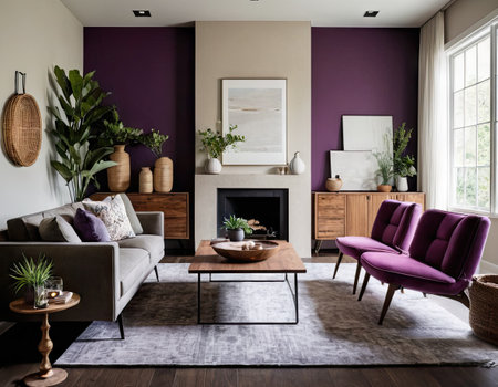 Living room interior with purple sofa, armchair, plant, coffee table and fireplaceの素材