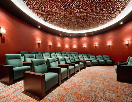 interior of a modern cinema with green armchairs and red wallsの素材