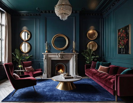 Classic interior of living room with blue walls, classic sofa, armchairs and fireplace. 3d renderの素材