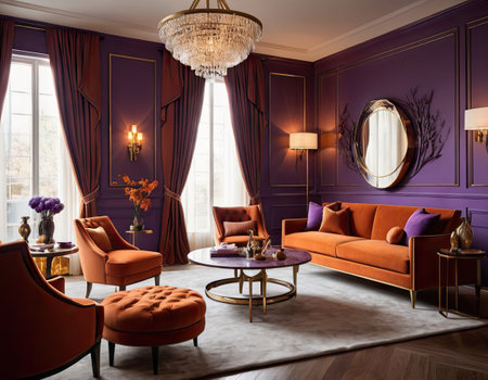 Luxury interior of living room with purple walls and floor. 3d renderの素材