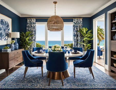 Luxury dining room with sea view, table and blue chairsの素材