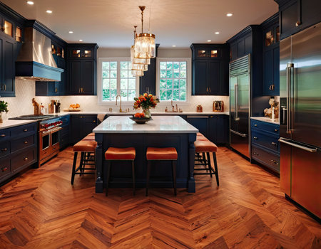 Kitchen in classic style with black and blue cabinets. 3d renderingの素材