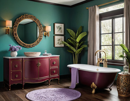 Interior of modern bathroom with green walls, wooden floor, purple bathtub and round mirror. 3d renderingの素材