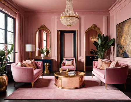 Luxury interior of living room in classic style with pink wallsの素材
