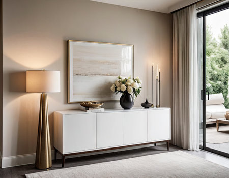 Interior of a living room with a white cupboard and a mirrorの素材