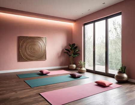 Interior of a modern yoga room with pink walls and wooden floorの素材