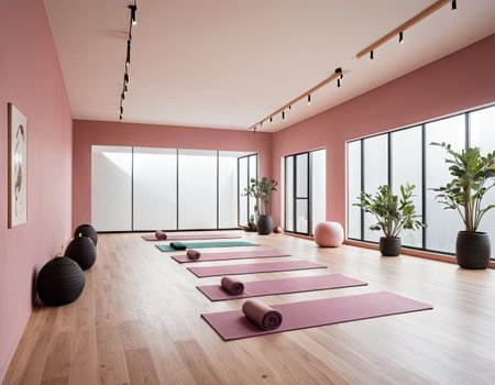 Interior of a modern yoga studio with pink walls and wooden floorの素材