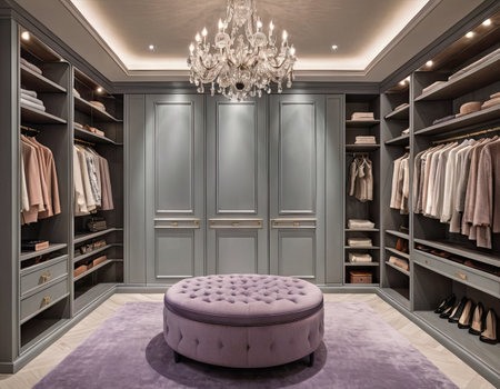 luxury and fashionable interior of dressing room with velvet sofa and wardrobeの素材