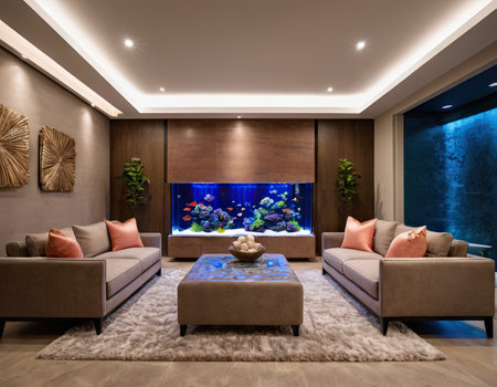 Interior of a modern living room with a view on the poolの素材