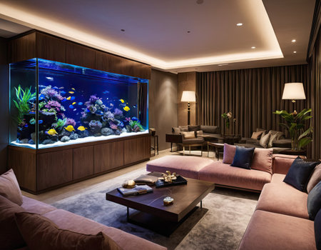 Luxury living room interior with swimming pool and fish tank.の素材