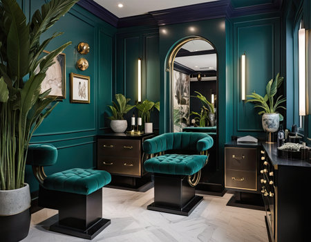 Interior of luxury bathroom with green walls and parquet. 3d renderの素材