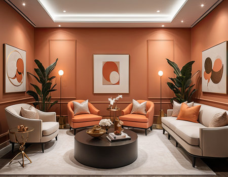 Interior of a living room with orange walls, 3d renderの素材