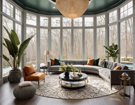 Luxury living room interior design with brown sofa, round coffee table and plant. 3D renderの素材