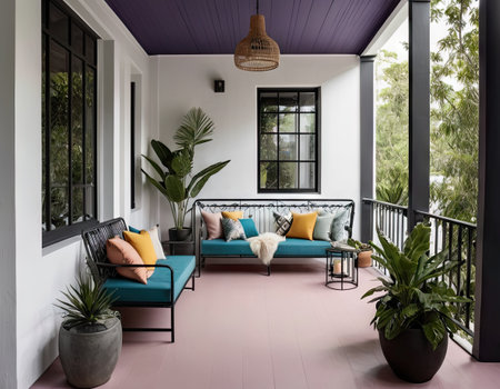 Interior of a modern villa with terrace, sofa and plantsの素材