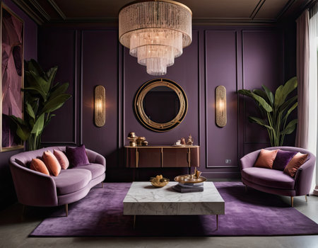 Luxury living room with pink armchairs and antique furniture.の素材