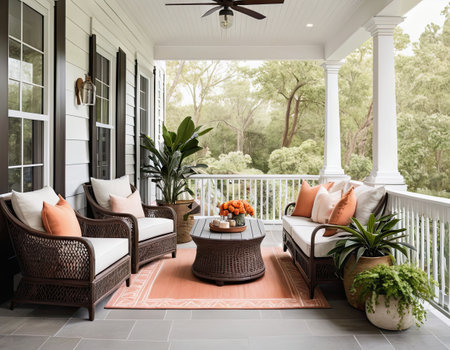 Outdoor patio with wicker chairs and table with orange cushionsの素材
