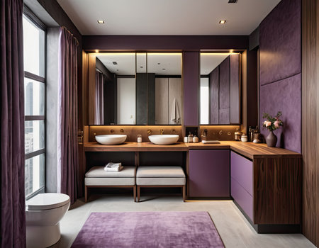 Luxury bathroom interior design with purple walls, wooden floor, purple bathtub, double sink and panoramic window. 3d renderingの素材