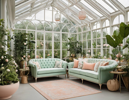 interior of a greenhouse with green sofa and plants, vintage styleの素材