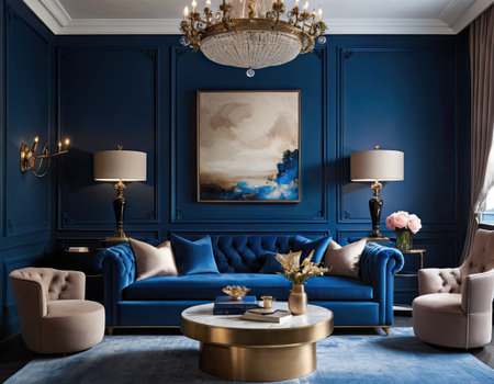 Classic blue living room interior with blue walls, classic blue sofa and armchairs. 3d renderの素材