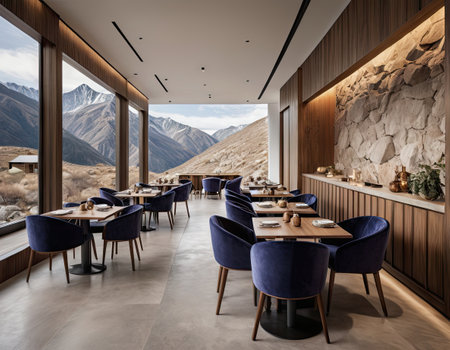 Interior of a modern restaurant in the mountains. 3d renderingの素材
