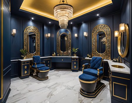 Luxury interior of the bathroom with black and gold walls.の素材