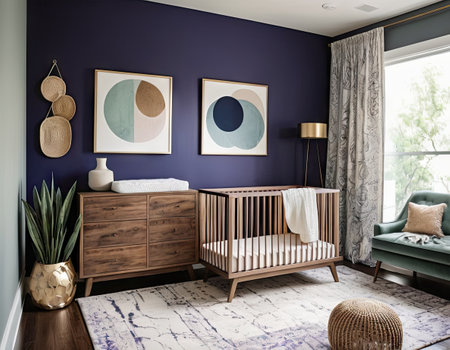 Baby room interior with wooden bed, pillows, cot and postersの素材