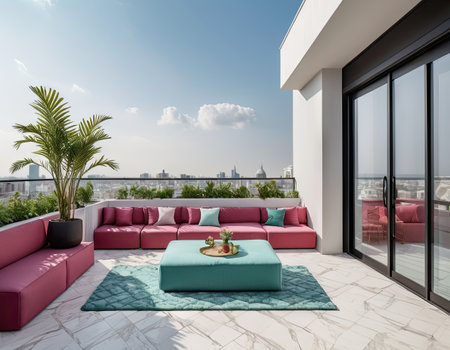Sofa on the terrace overlooking the city. 3d renderingの素材