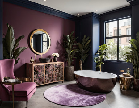 Luxury bathroom with purple walls, concrete floor, pink bathtub and round mirror. 3d renderingの素材