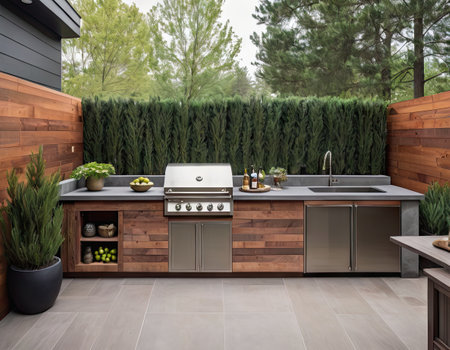 3d render of modern kitchen in the garden with wooden wall.の素材