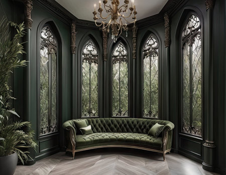 Interior of classic living room with green velvet sofa 3D renderingの素材