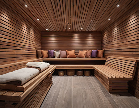 Interior of a modern wooden sauna. 3D rendering.の素材