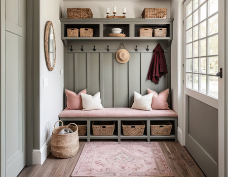 Interior of a living room with a sofa and wicker basketsの素材