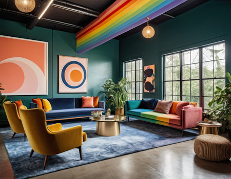 Interior of modern living room with green walls, concrete floor, comfortable orange sofa and colorful paintings on the wall. 3d renderingの素材