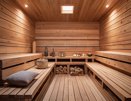 Interior of a modern wooden sauna. 3D rendering.の素材