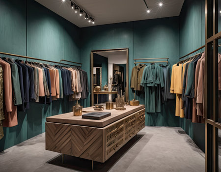 luxury and fashionable brand new interior of cloth store in modern mallの素材