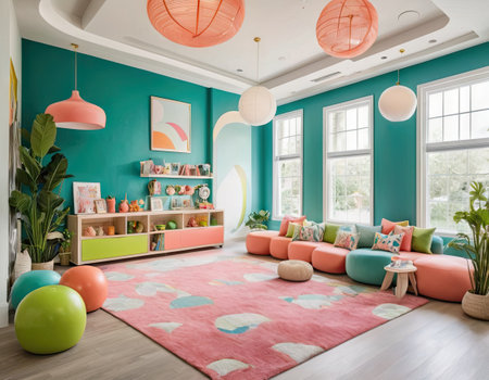 Interior of a living room with a green wall, a blue floor and a pink sofaの素材