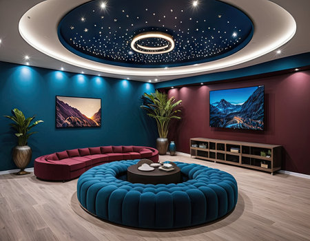 Interior of a modern living room with a blue sofa and a TVの素材