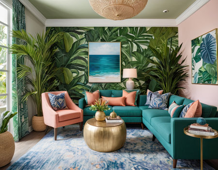 Interior of a living room with a green sofa, a coffee table and tropical plantsの素材