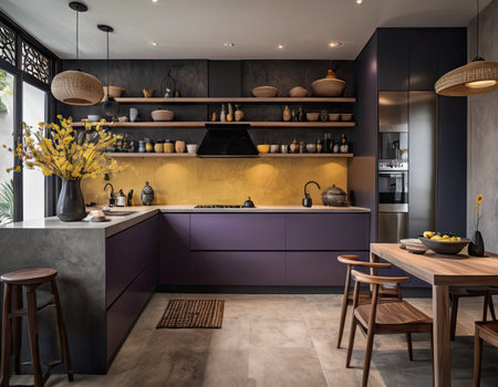 3d rendering of a beautiful kitchen interior design in a modern houseの素材